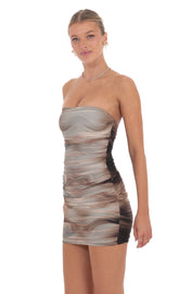Swirl Mesh Strapless Bodycon Dress in Brown
